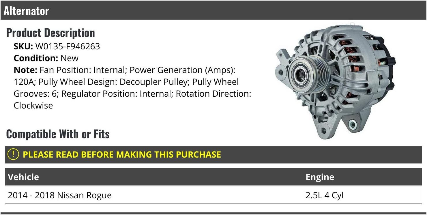 ALTERNATORS, BRAND, CATEGORY, MARKETPLACE AUTO PARTS, Alternator - 120 AMP - Compatible with 2014-2018 Nissan Rogue 2.5L 4-Cylinder