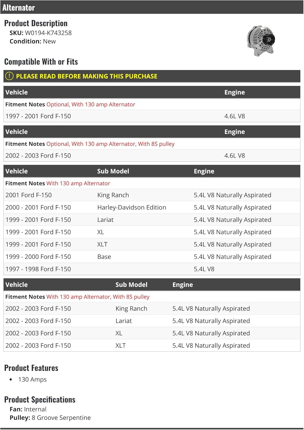 ALTERNATORS, BRAND, CATEGORY, MARKETPLACE AUTO PARTS, Alternator - 130 AMP - Compatible with 1997-2003 Ford F150