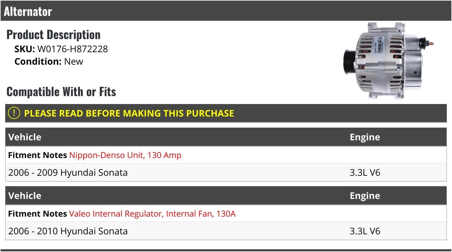 ALTERNATORS, BRAND, CATEGORY, MARKETPLACE AUTO PARTS, Alternator - 130 AMP - Compatible with 2006-2010 Hyundai Sonata 3.3L V6