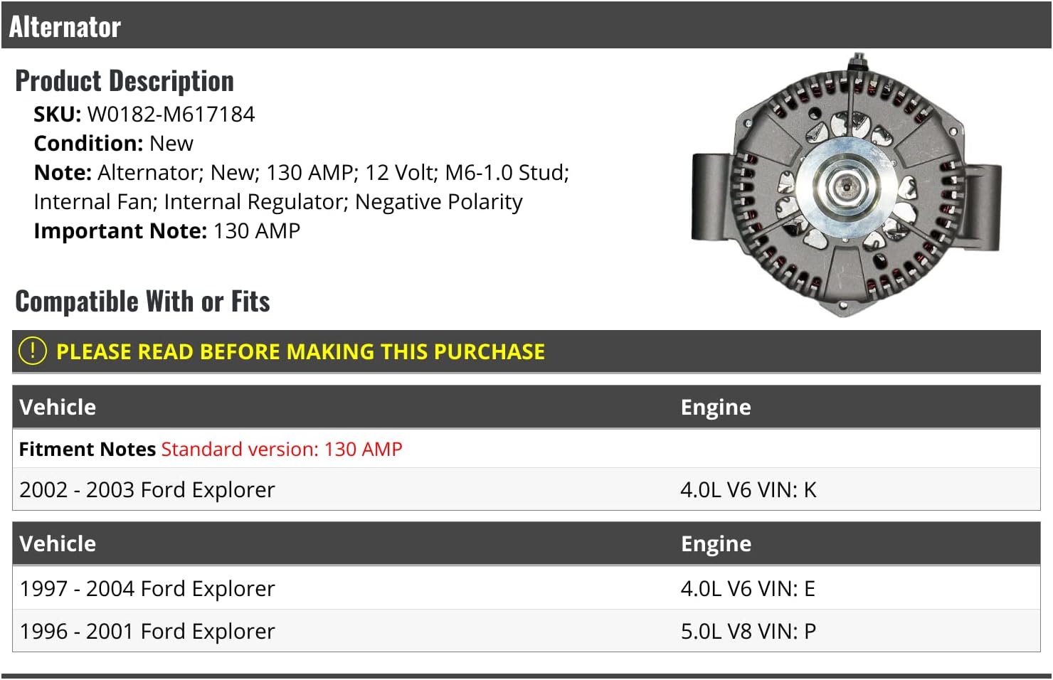 ALTERNATORS, BRAND, CATEGORY, MARKETPLACE AUTO PARTS, Alternator - 130 Amp - 12 Volt - Negative Polarity - Compatible with 1996-2004 Ford Explorer