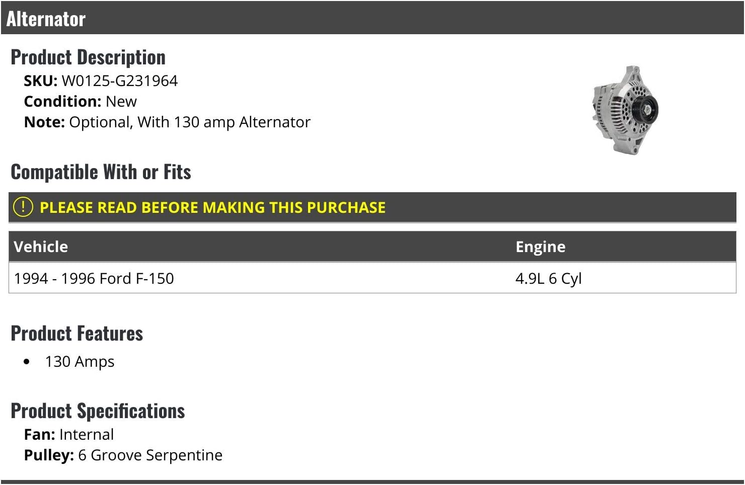ALTERNATORS, BRAND, CATEGORY, MARKETPLACE AUTO PARTS, Alternator - 130 Amp - Compatible with 1994-1996 Ford F-150 4.9L 6-Cylinder
