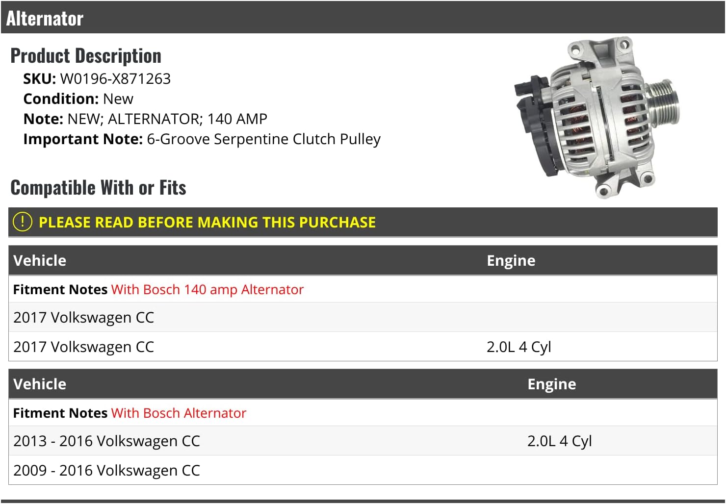 ALTERNATORS, BRAND, CATEGORY, MARKETPLACE AUTO PARTS, Alternator - 140 Amp - Compatible with 2009-2017 Volkswagen CC 2.0L 4-Cylinder