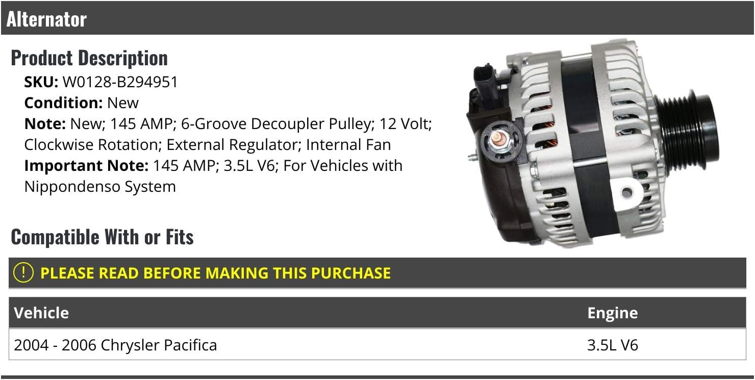 ALTERNATORS, BRAND, CATEGORY, MARKETPLACE AUTO PARTS, Alternator - 145 AMP - 6-Groove Decoupler Pulley - Compatible with 2004-2006 Chrysler Pacifica 3.5L V6