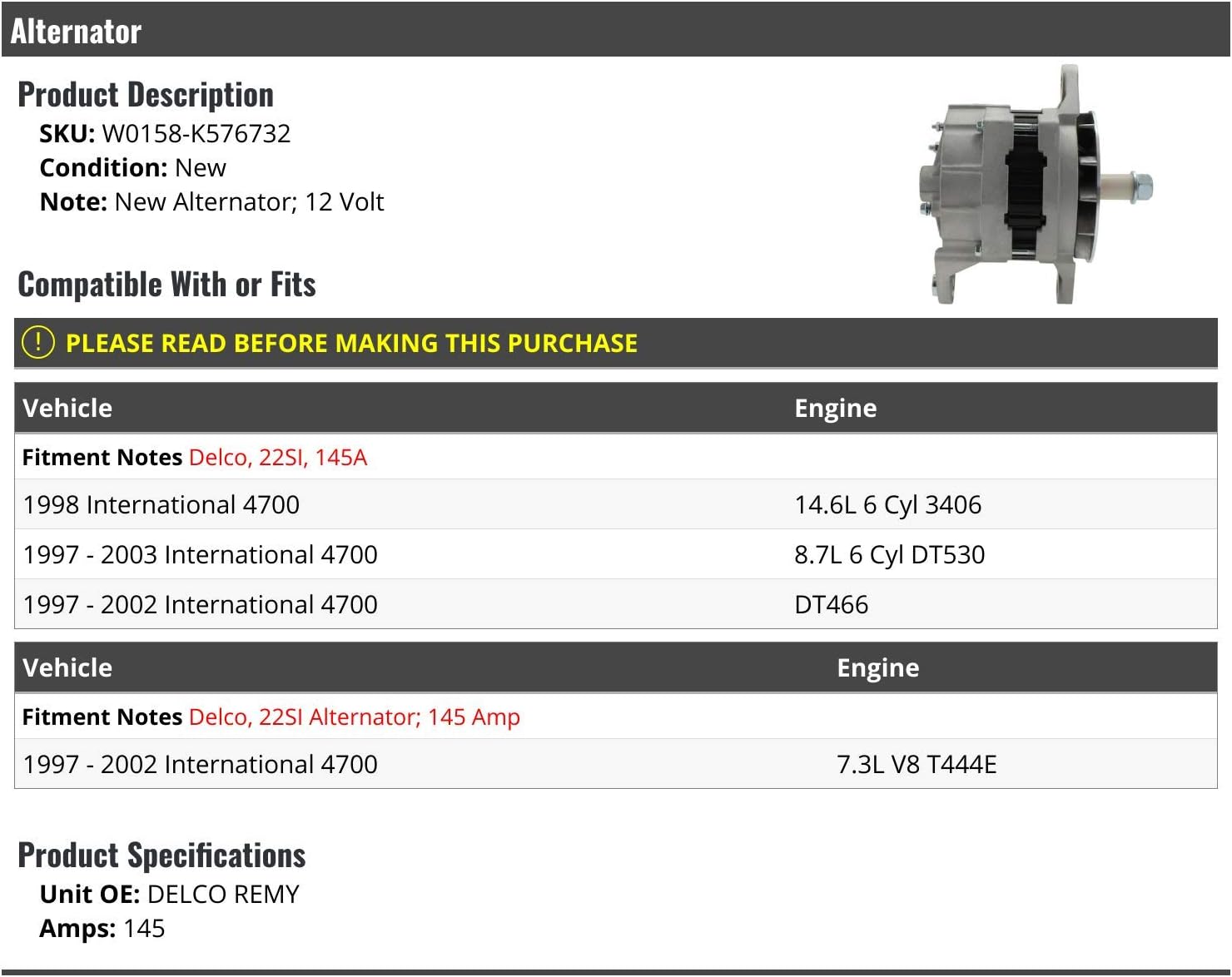 ALTERNATORS, BRAND, CATEGORY, MARKETPLACE AUTO PARTS, Alternator - 145 Amps - Compatible with 1997-2003 International 4700