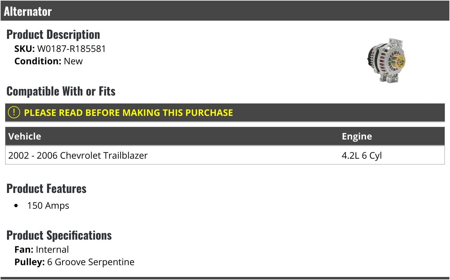 ALTERNATORS, BRAND, CATEGORY, MARKETPLACE AUTO PARTS, Alternator - 150 AMP - Compatible with 2002-2006 Chevy Trailblazer 4.2L 6-Cylinder