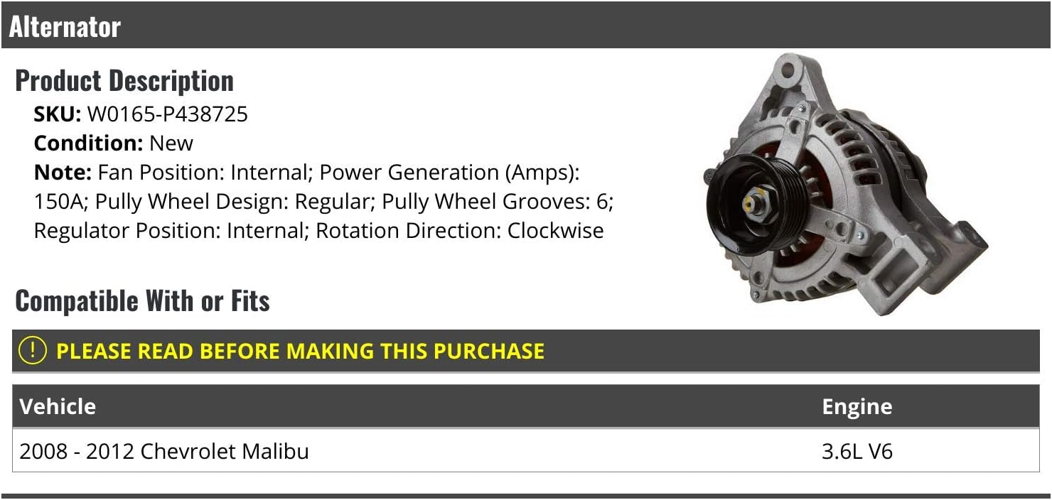 ALTERNATORS, BRAND, CATEGORY, MARKETPLACE AUTO PARTS, Alternator - 150 Amps - Compatible with 2008-2012 Chevy Malibu 3.6L V6