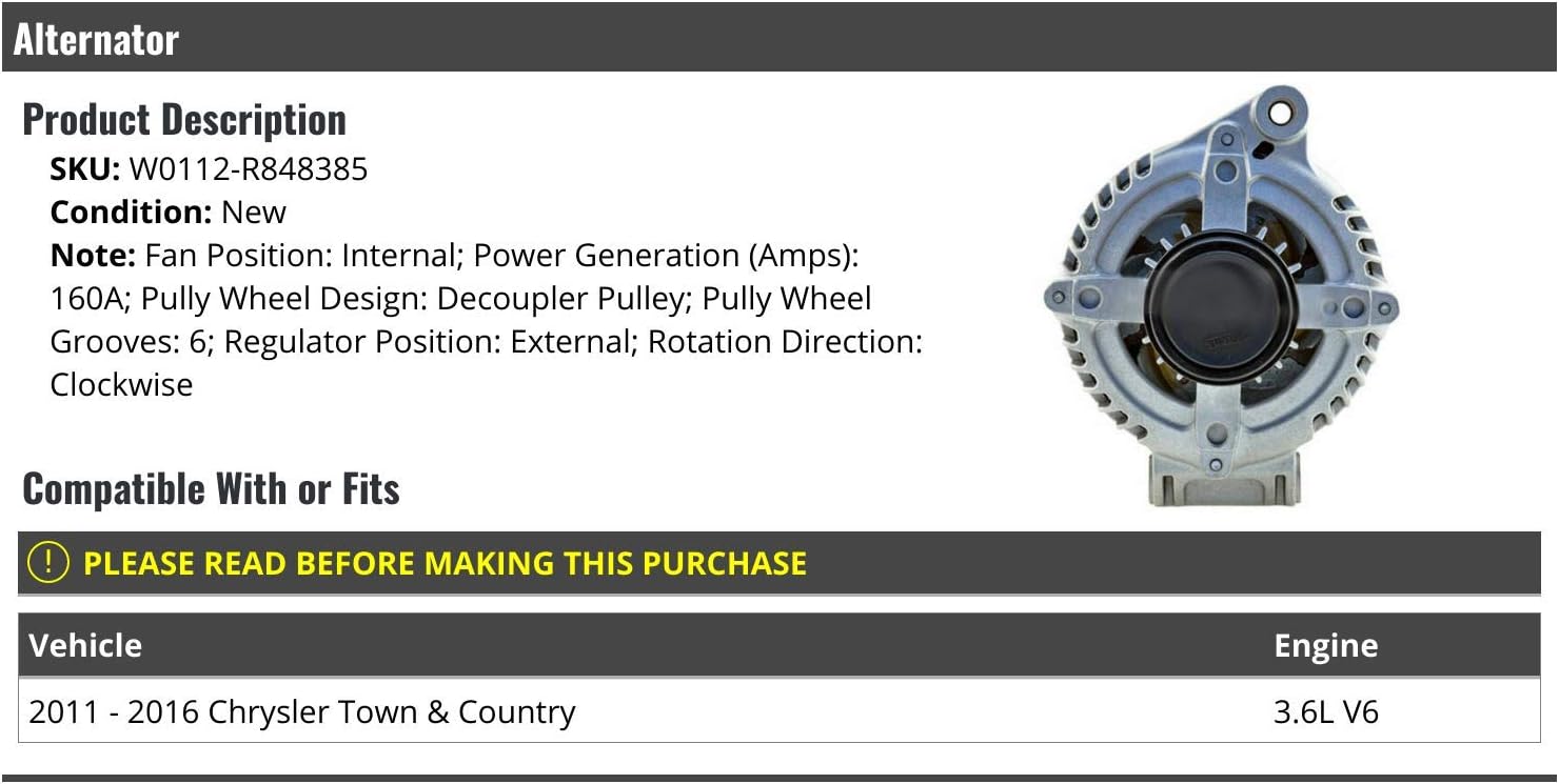 ALTERNATORS, BRAND, CATEGORY, MARKETPLACE AUTO PARTS, Alternator - 160 AMP - Compatible with 2011-2016 Chrysler Town & Country 3.6L V6