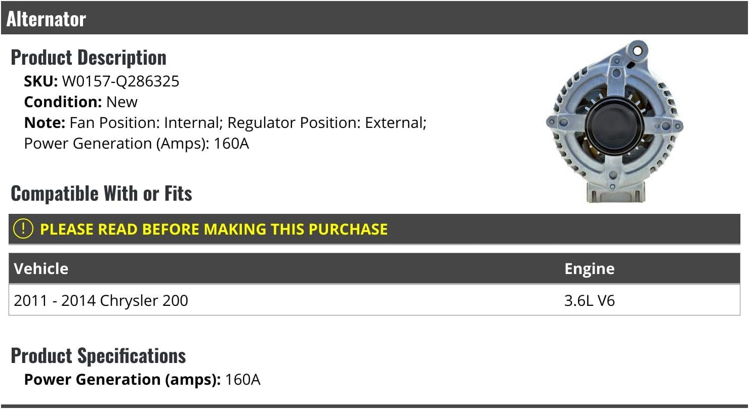 ALTERNATORS, BRAND, CATEGORY, MARKETPLACE AUTO PARTS, Alternator - 160 Amp - Compatible with 2011-2014 Chrysler 200 3.6L V6