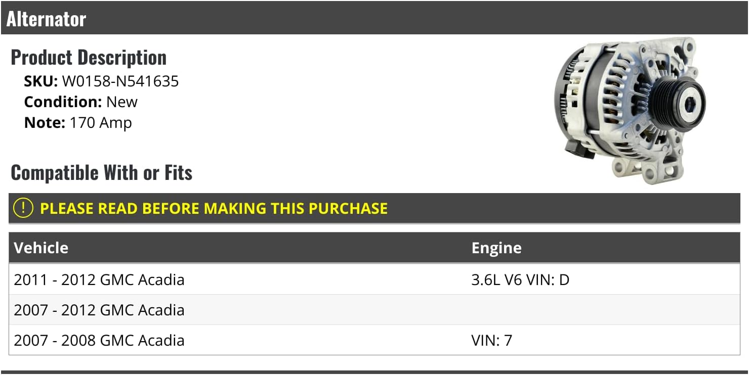 ALTERNATORS, BRAND, CATEGORY, MARKETPLACE AUTO PARTS, Alternator - 170 Amp - Compatible with 2007-2012 GMC Acadia