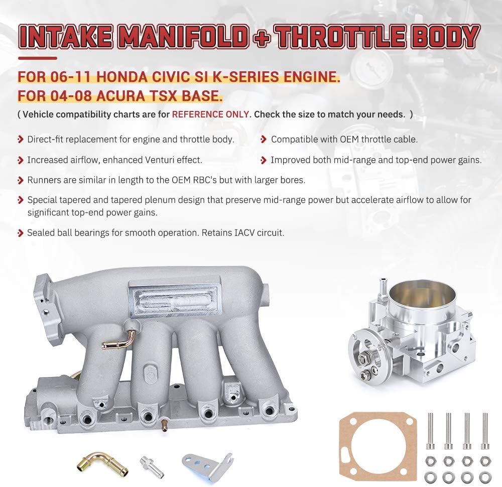 BRAND, CATEGORY, INTAKE MANIFOLDS, PQY, Aluminum Intake Manifold and Thottle Body Kit Compatible with Honda Civic Si K-series Engine 06-11 and TSX 04-08 Silver