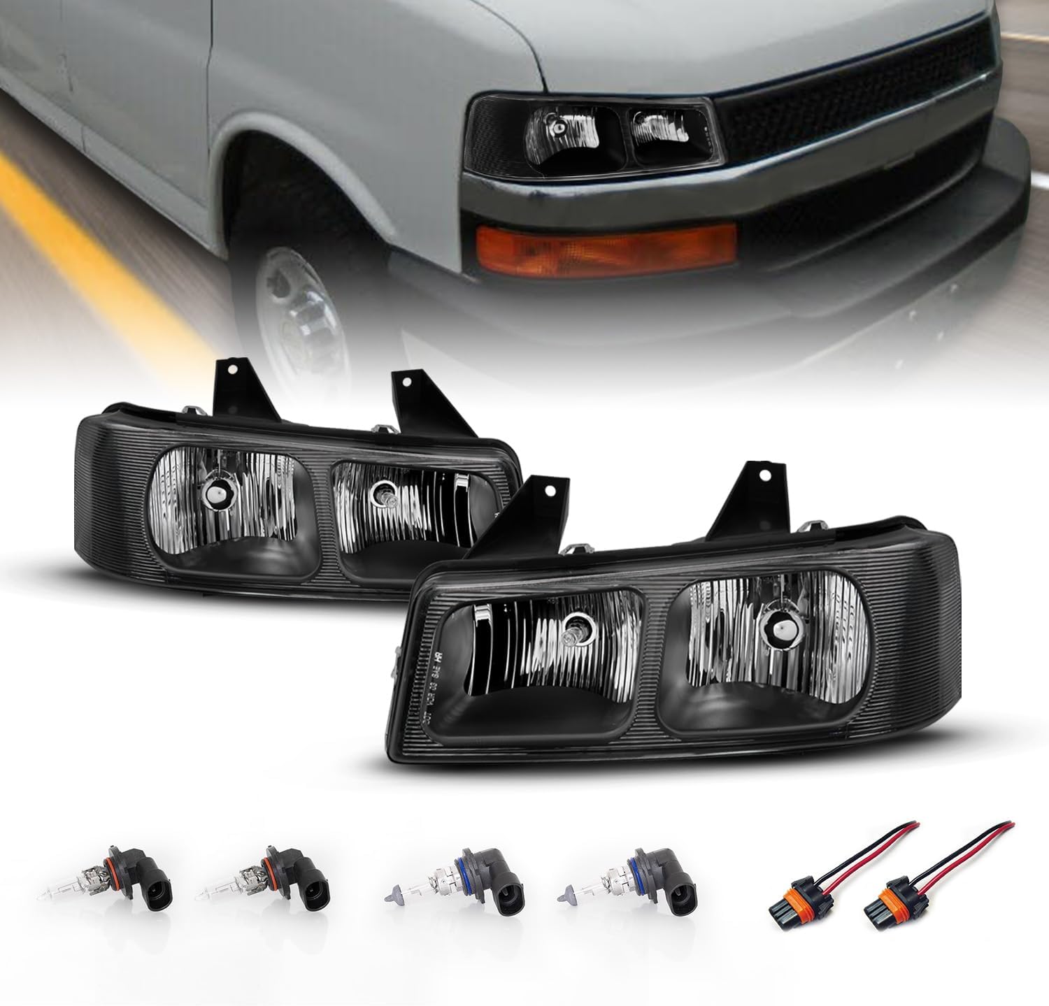 AMERILITE, BRAND, CATEGORY, HEADLIGHT ASSEMBLIES, AmeriLite Black Housing Upgrade Halogen Replacment Headlight Composite Set For 2003-2019 GMC Savana Chevy Express Van - Passenger and Driver Side, Vehicle Light Assembly, Clear