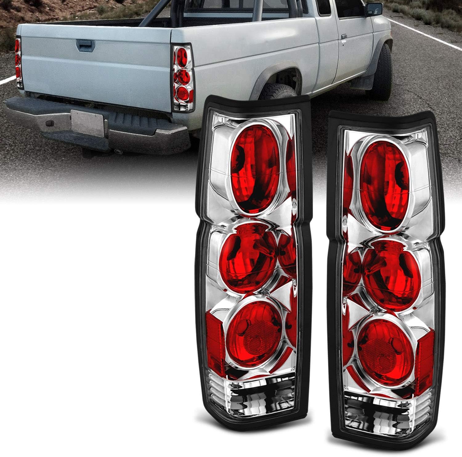 AMERILITE, BRAND, CATEGORY, TAIL LIGHT ASSEMBLIES, AmeriLite Black Replacement Brake Tail Lights Set For Hardbody D21 - Passenger and Driver Side