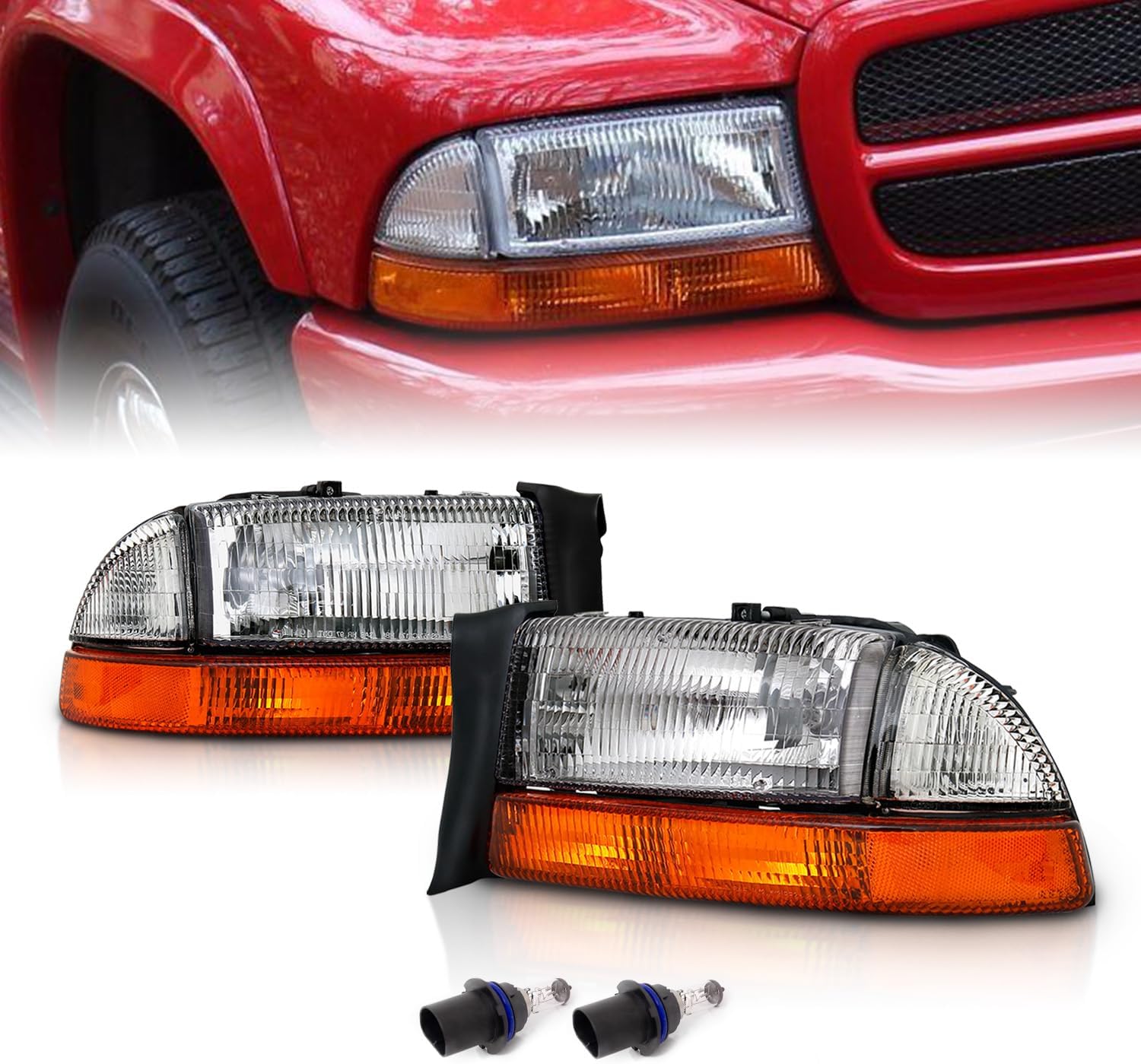 AMERILITE, BRAND, CATEGORY, HEADLIGHT ASSEMBLIES, AmeriLite Chrome Headlights Parking Turn Signal Sets (4Pc) For Dodge Dakota/Durango (Pair) w/Mounting Bracket