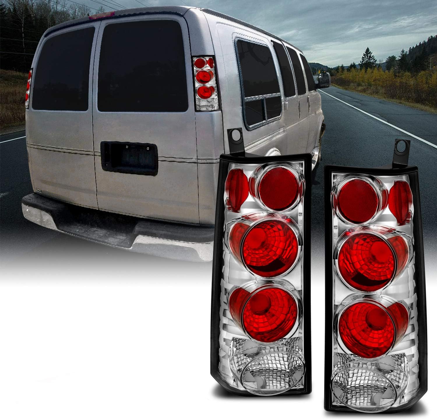 AMERILITE, BRAND, CATEGORY, TAIL LIGHT ASSEMBLIES, AmeriLite Halogen Taillights Assembly With Brake Lamps Replacement Set For 2003-2019 Chevy Express/GMC Savana Van Euro - Passenger and Driver Side, Vehicle Light Assembly, Black