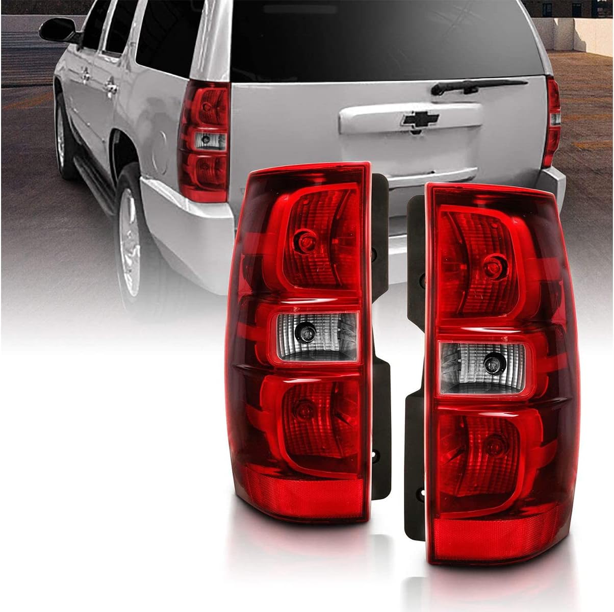 AMERILITE, BRAND, CATEGORY, TAIL LIGHT ASSEMBLIES, AmeriLite OE Style Red Replacement Brake Tail Lights Set for 2007-2014 Chevy Tahoe/Suburban 1500 2500 - Driver and Passenger Side