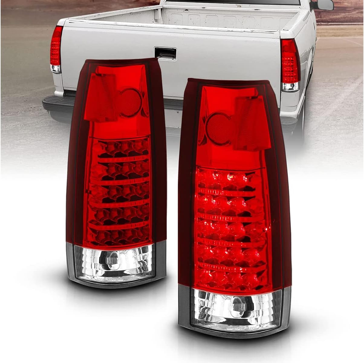 AMERILITE, BRAND, CATEGORY, TAIL LIGHT ASSEMBLIES, AmeriLite for 1988-1999 Chevy GMC Full Size C/K Pickup Truck Tahoe Suburban Crystal Red LED Replacement Tail Lights Assembly Pair - Passenger and Driver Side