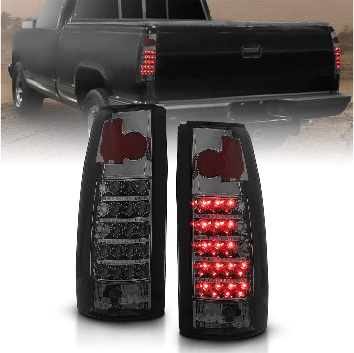 AMERILITE, BRAND, CATEGORY, TAIL LIGHT ASSEMBLIES, AmeriLite for 1988-1999 Chevy GMC Full Size C/K Pickup Truck Tahoe Suburban Smoke LED Replacement Tail Lights Assembly Pair - Passenger and Driver Side