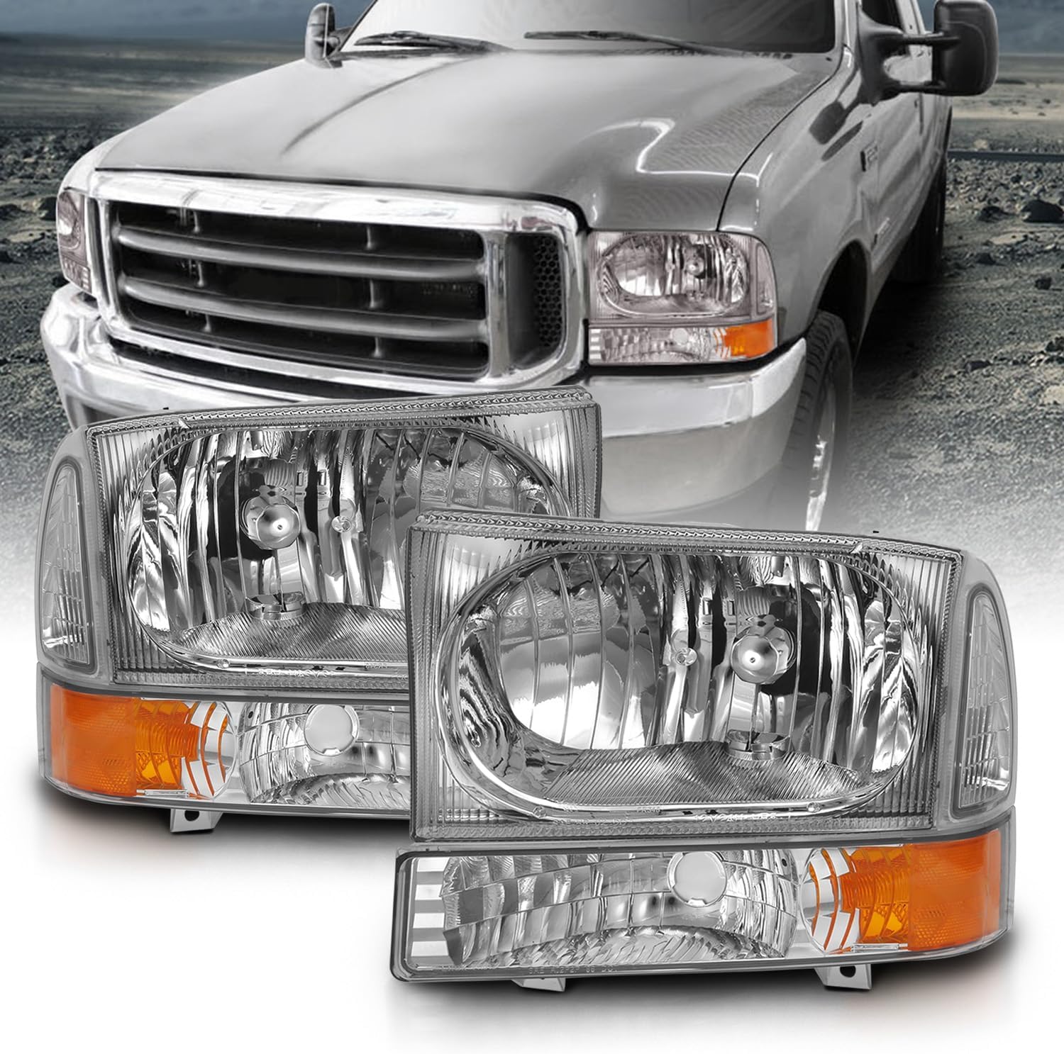 AMERILITE, BRAND, CATEGORY, HEADLIGHT ASSEMBLIES, AmeriLite for 1999-2004 Ford Super Duty F250 F350 F450 F550 | Excursion Chrome Factory Style Replacement Headlights w/Corner Bumper Corner Set - Passenger and Driver Side