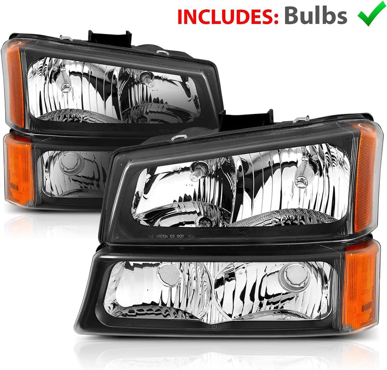 AMERILITE, BRAND, CATEGORY, HEADLIGHT ASSEMBLIES, AmeriLite for 2003-2006 Chevy Silverado 1500HD 2500HD 3500 / Avalanche Pickup Black Replacement Headlights Assembly w/Bumper lamp Set - Driver and Passenger Side