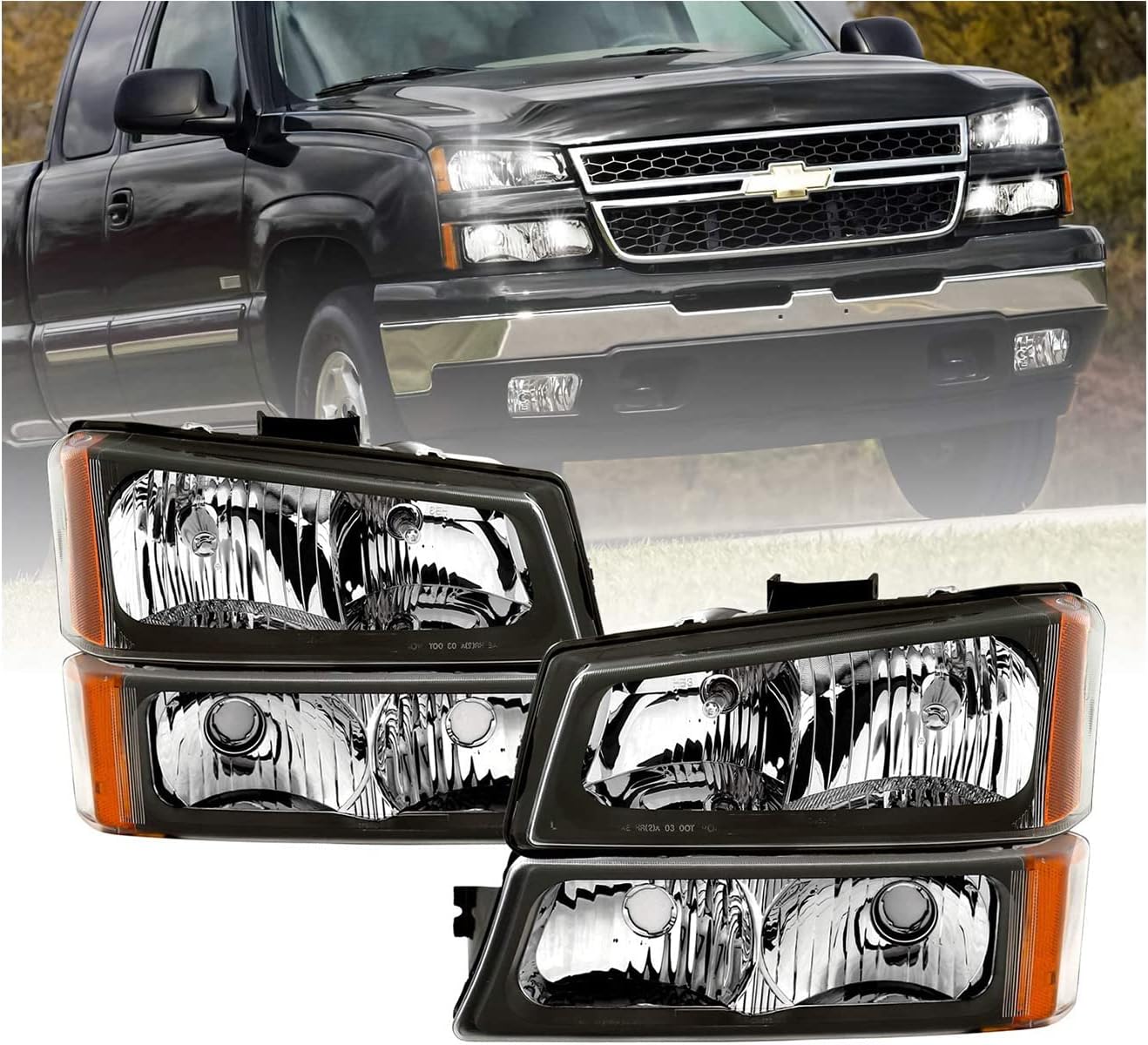 AMERILITE, BRAND, CATEGORY, HEADLIGHT ASSEMBLIES, AmeriLite for 2003-2006 Chevy Silverado 1500HD 2500HD 3500 / Avalanche Pickup Black Replacement Headlights Assembly w/Bumper lamp Set - Driver and Passenger Side