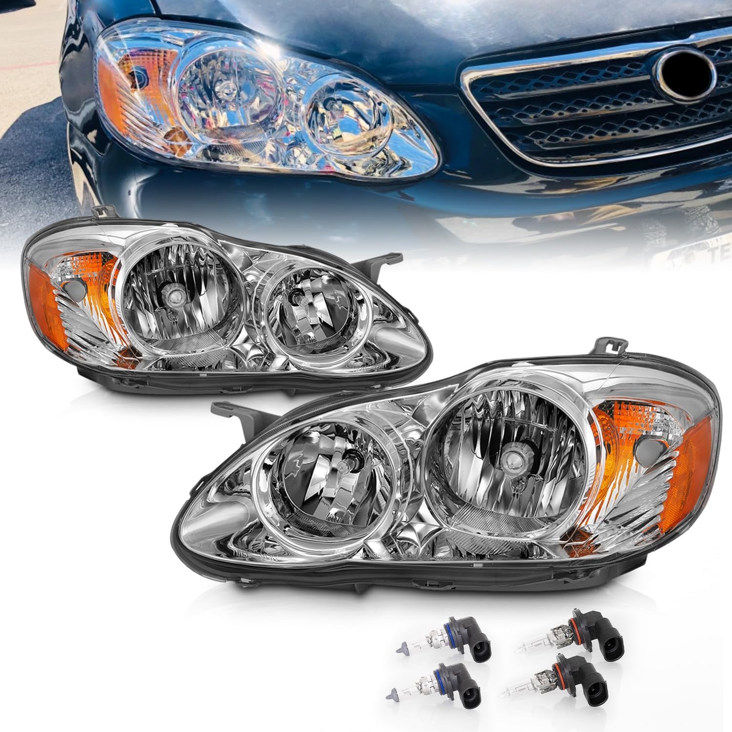 AMERILITE, BRAND, CATEGORY, HEADLIGHT ASSEMBLIES, AmeriLite for 2003-2008 Toyota Corolla Sedan Halogen Clear Chrome Replacement Headlights Assembly Pair - Driver and Passenger Side