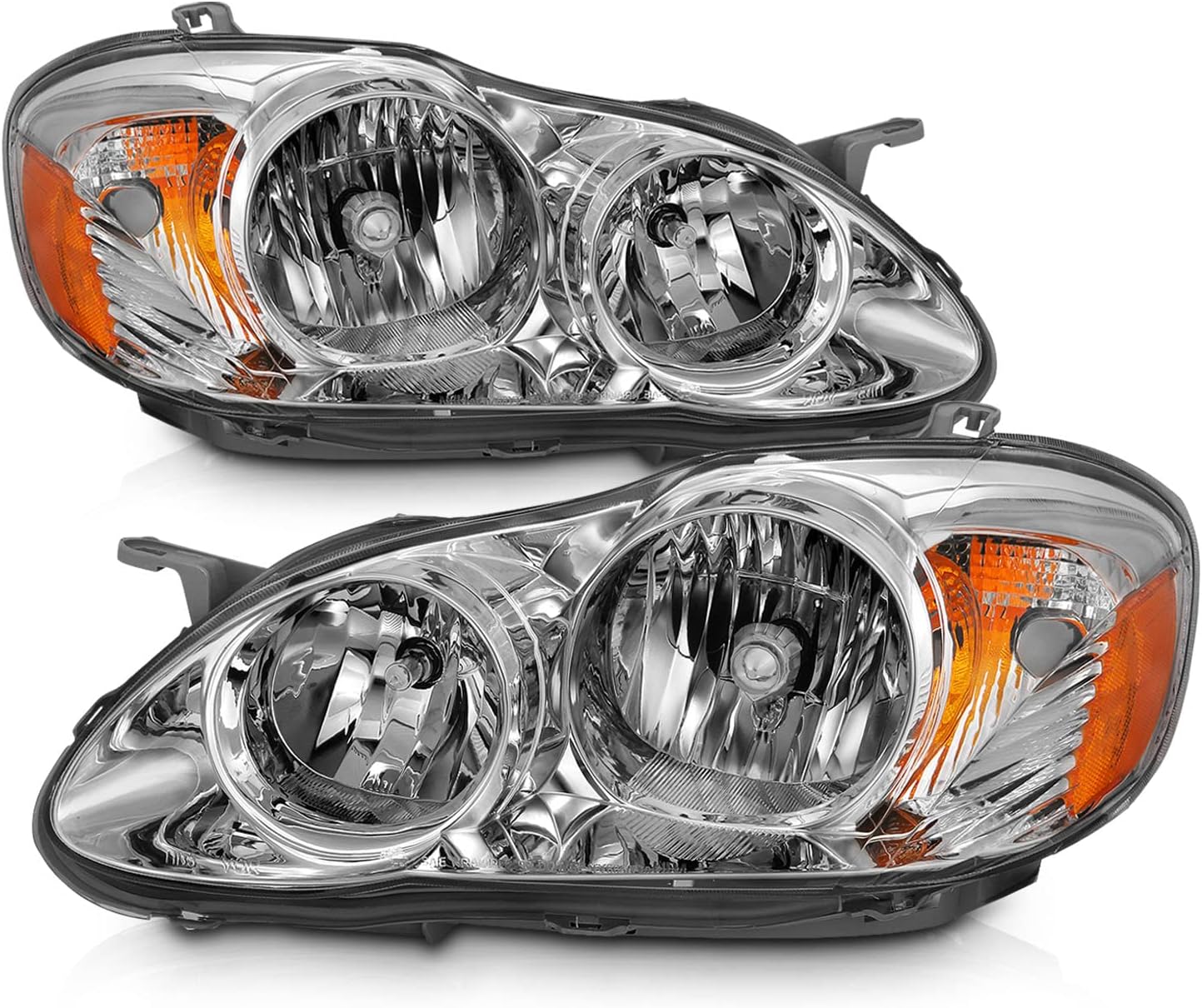 AMERILITE, BRAND, CATEGORY, HEADLIGHT ASSEMBLIES, AmeriLite for 2003-2008 Toyota Corolla Sedan Halogen Clear Chrome Replacement Headlights Assembly Pair - Driver and Passenger Side