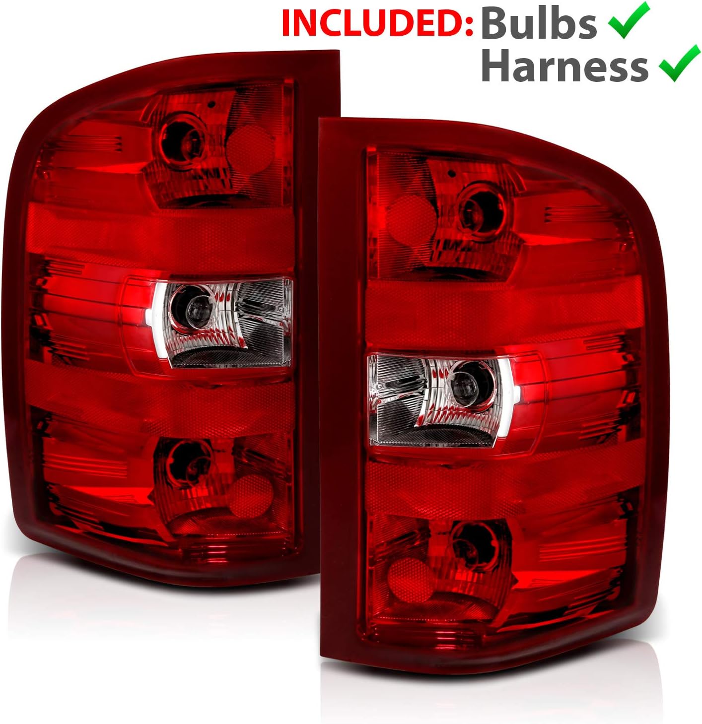 AMERILITE, BRAND, CATEGORY, TAIL LIGHT ASSEMBLIES, AmeriLite for 2007-2014 Chevy Silverado 1500 2500 3500 Pickup Clear Red OE Replacement Tail Light Brake Lamp Pair w/Bulb and Harness - Passenger and Driver Side