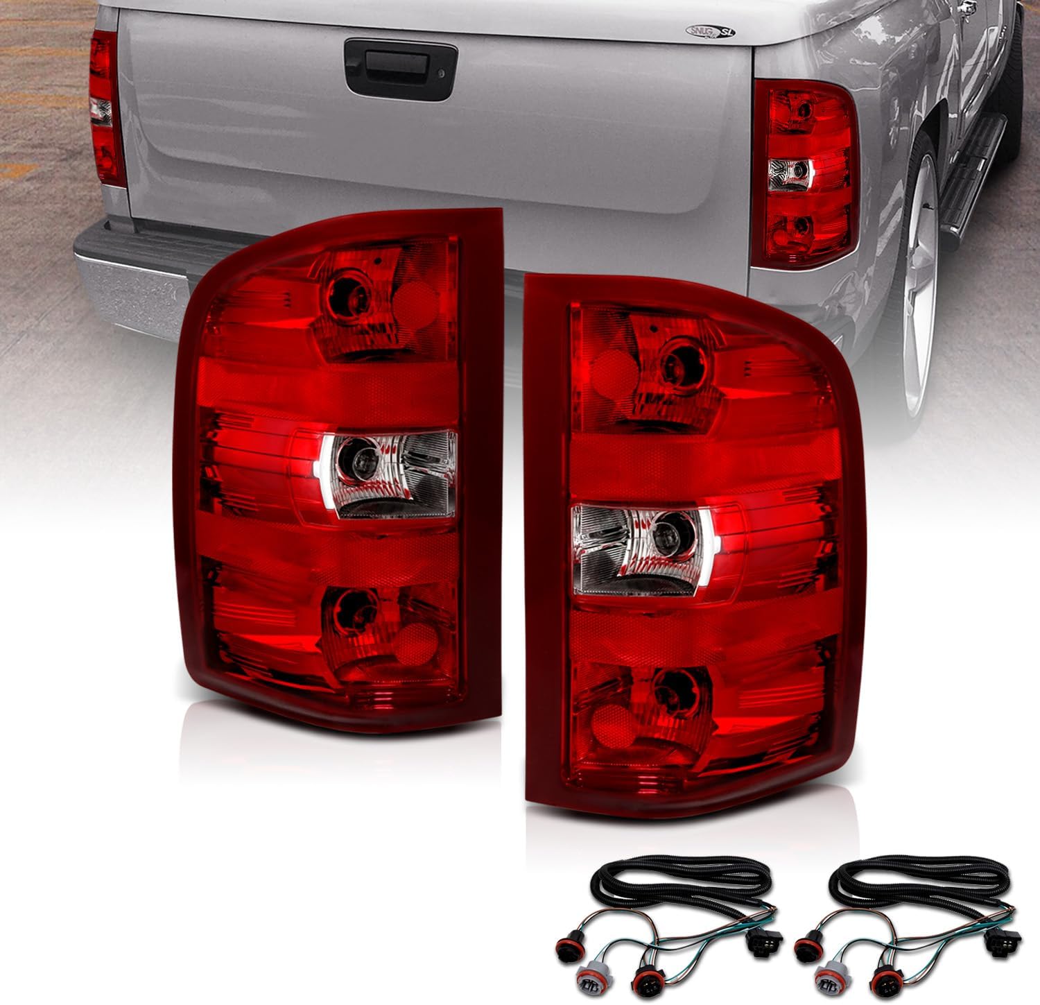 AMERILITE, BRAND, CATEGORY, TAIL LIGHT ASSEMBLIES, AmeriLite for 2007-2014 Chevy Silverado 1500 2500 3500 Pickup Clear Red OE Replacement Tail Light Brake Lamp Pair w/Bulb and Harness - Passenger and Driver Side