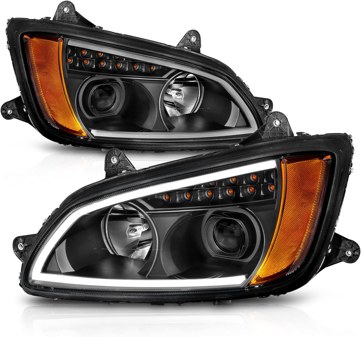 AMERILITE, BRAND, CATEGORY, HEADLIGHT ASSEMBLIES, AmeriLite for 2008-2017 Kenworth T660 LED Bar Signal Black Projector Replacement Headlights Pair - Passenger and Driver Side