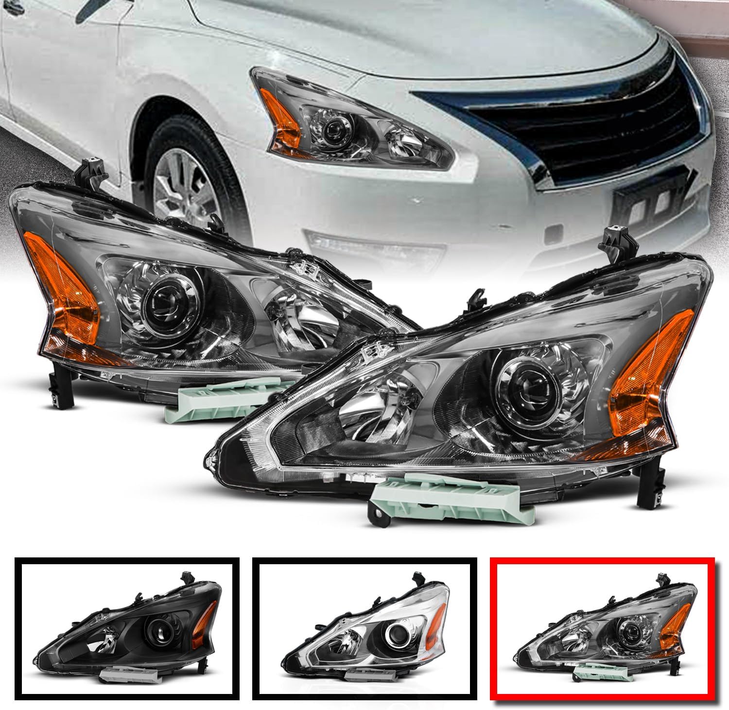 AMERILITE, BRAND, CATEGORY, HEADLIGHT ASSEMBLIES, AmeriLite for 2013-2015 Altima 4Dr Sedan Projector Chrome Housing Halogen Replacement Headlights Assembly Pair - Driver and Passenger Side