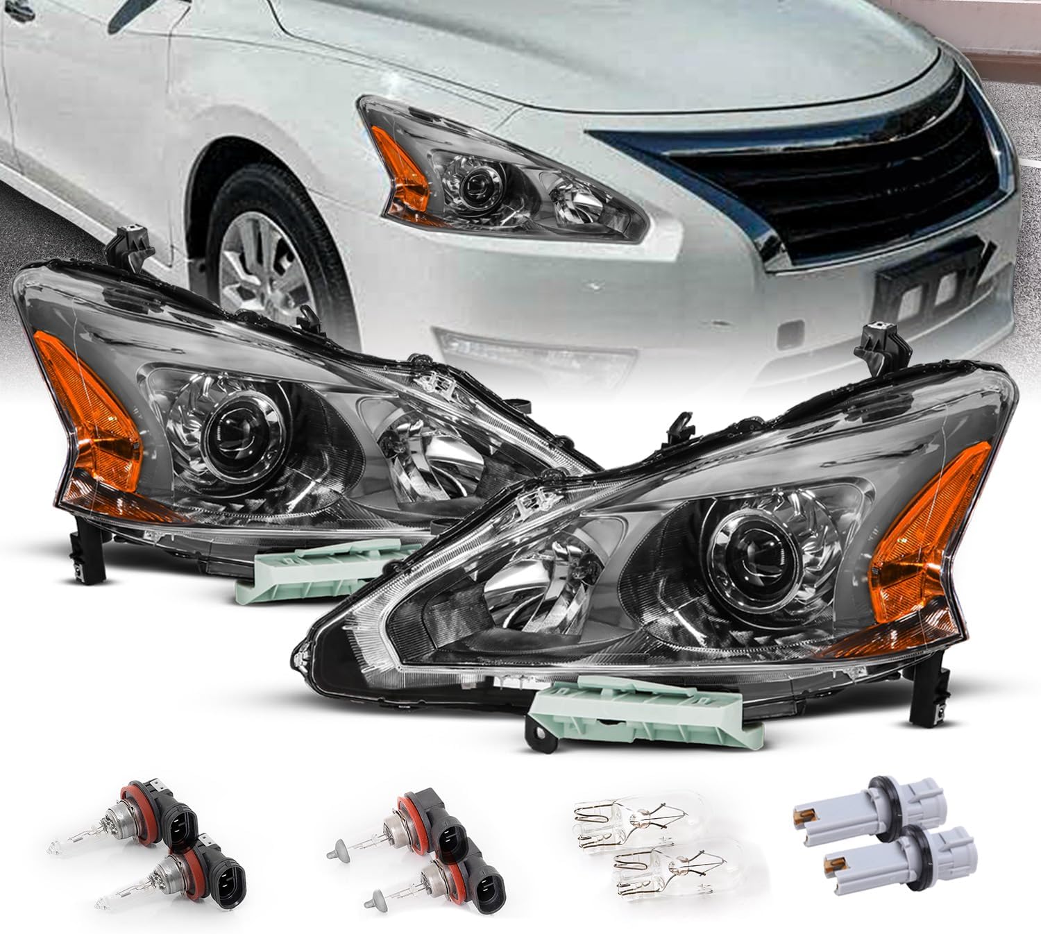 AMERILITE, BRAND, CATEGORY, HEADLIGHT ASSEMBLIES, AmeriLite for 2013-2015 Altima 4Dr Sedan Projector Chrome Housing Halogen Replacement Headlights Assembly Pair - Driver and Passenger Side