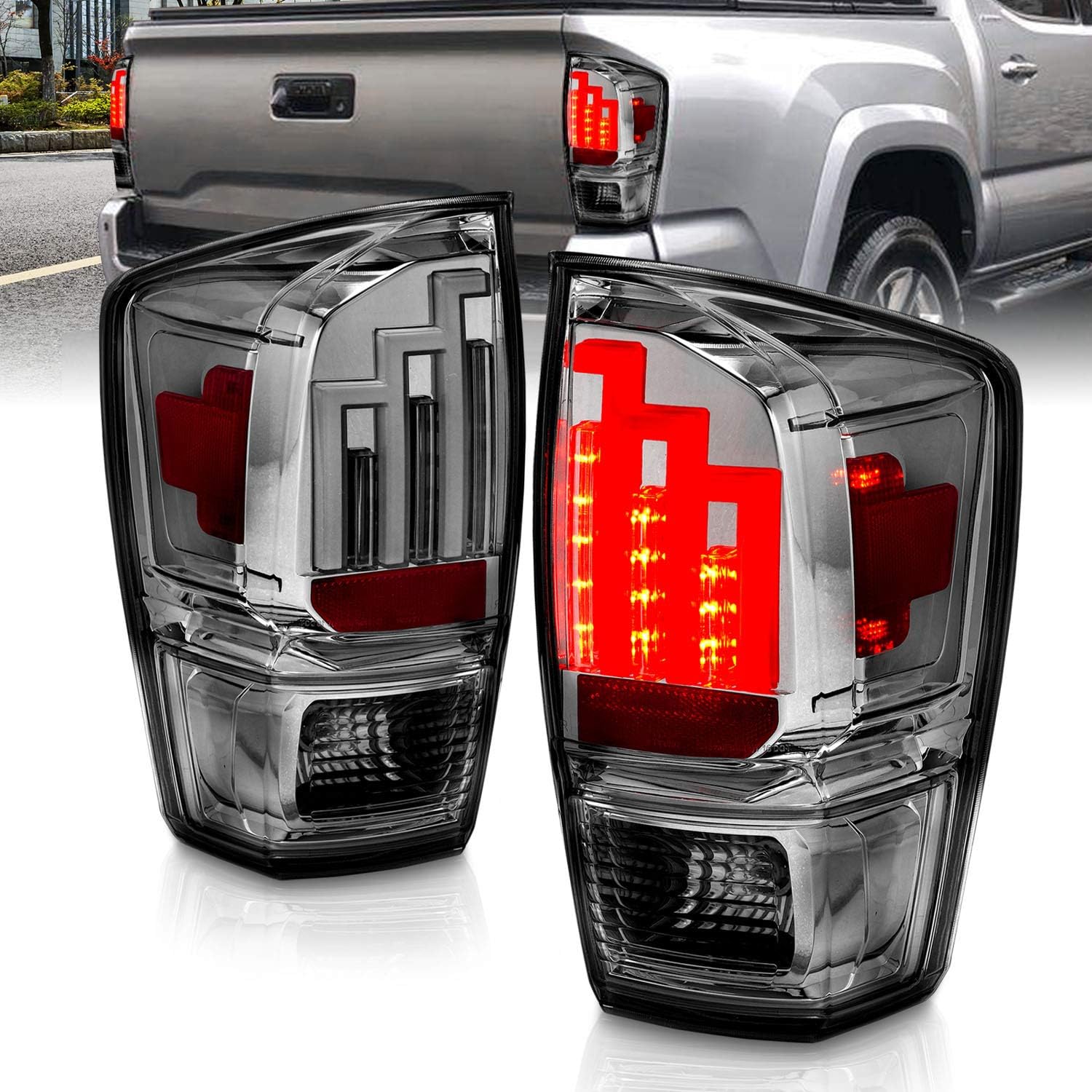 AMERILITE, BRAND, CATEGORY, TAIL LIGHT ASSEMBLIES, AmeriLite for 2016-2023 Toyota Tacoma Pickup Truck LED Tube Parking Lamp Clear Black Tail Lights Assembly - Driver and Passenger Side