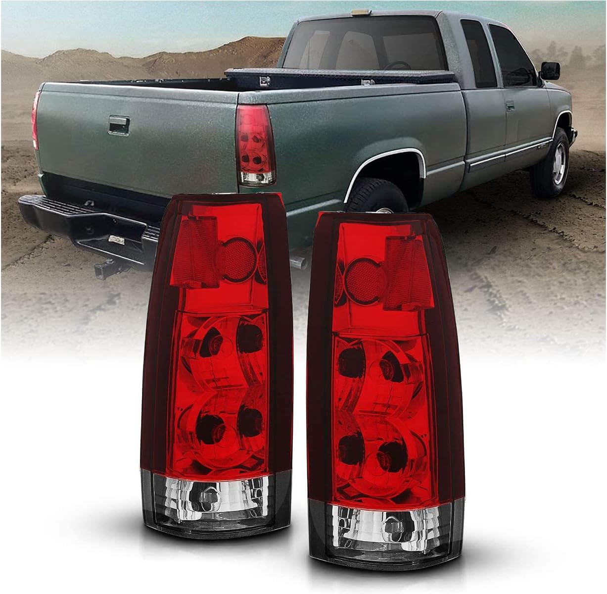 AMERILITE, BRAND, CATEGORY, TAIL LIGHT ASSEMBLIES, AmeriLite for Chevy GMC FullSize C/K 1500 2500 3500 Silverado Sierra Suburban Crystal Red Clear Replacement Brake Tail Lights Set - Passenger and Driver Side