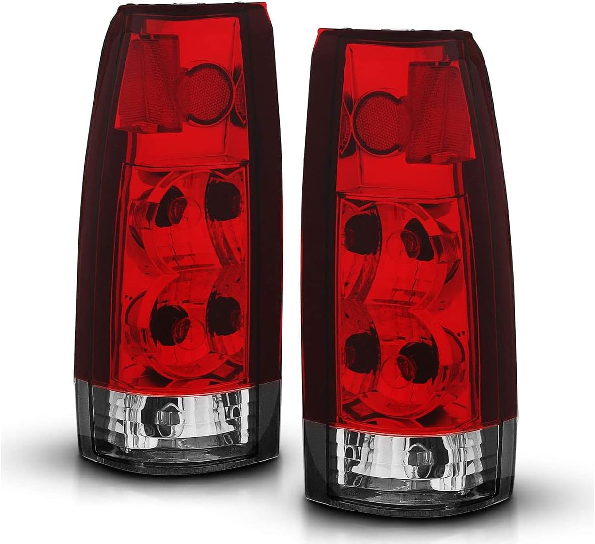 AMERILITE, BRAND, CATEGORY, TAIL LIGHT ASSEMBLIES, AmeriLite for Chevy GMC FullSize C/K 1500 2500 3500 Silverado Sierra Suburban Crystal Red Clear Replacement Brake Tail Lights Set - Passenger and Driver Side