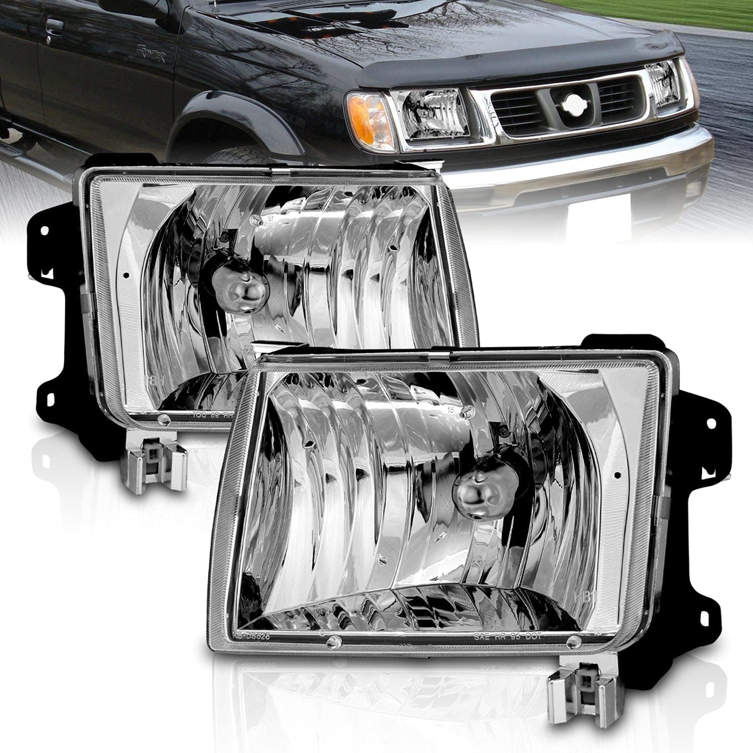 AMERILITE, BRAND, CATEGORY, HEADLIGHT ASSEMBLIES, AmeriLite for Nissan 1998-2000 Frontier / 2001 Xterra Crystal Clear Replacement Headlights Pair - Passenger and Driver Side