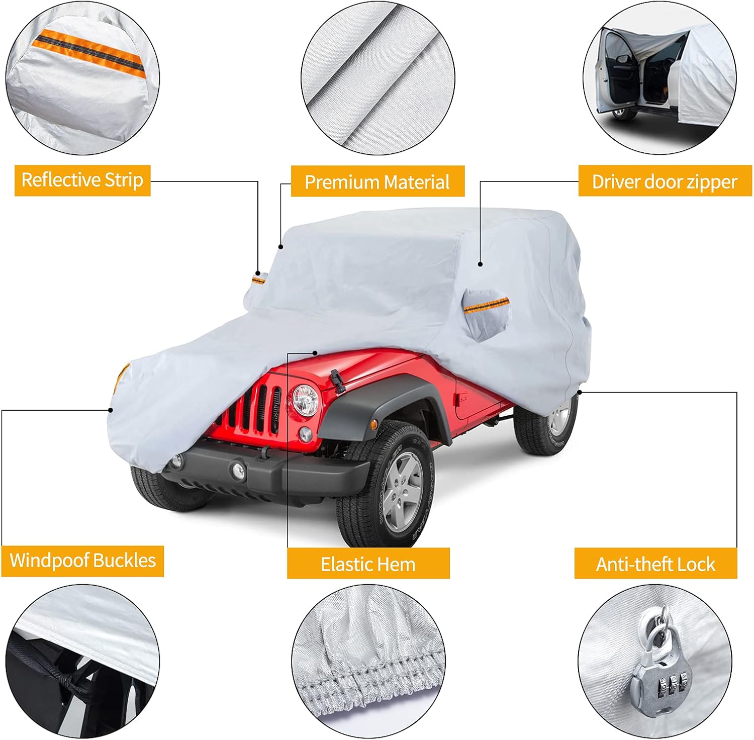 BDFHYK, BRAND, CATEGORY, FULL CAR COVERS, BDFHYK Waterproof Car Cover 2 Door Wrangler Covers, All Weather Protection Outdoor Cover for 1945-2022 Jeep Wrangler CJ,YJ, TJ,JK & JL with Driver Door Zipper Lock Cable