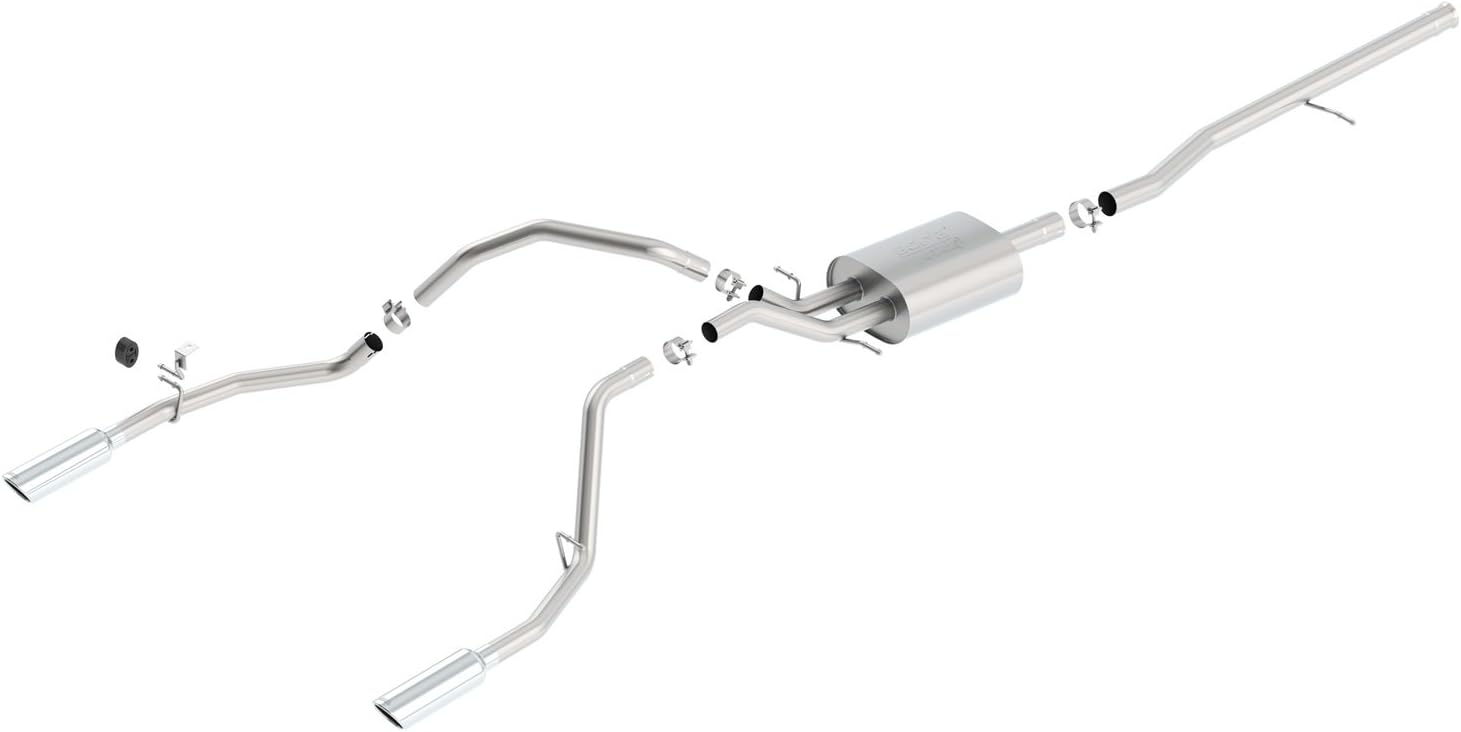 BORLA, BRAND, CAT-BACK SYSTEMS, CATEGORY, BORLA 140537 Cat-Back Perf. Exhaust Sys. for '14-'18 Chevrolet Silverado 1500/ GMC Sierra 1500/ '19 Silverado & Sierra 1500 LD ONLY V8 T-304 Stainless ATAK Dual Split Rear Exit 4" Rnd. Chrome Tips