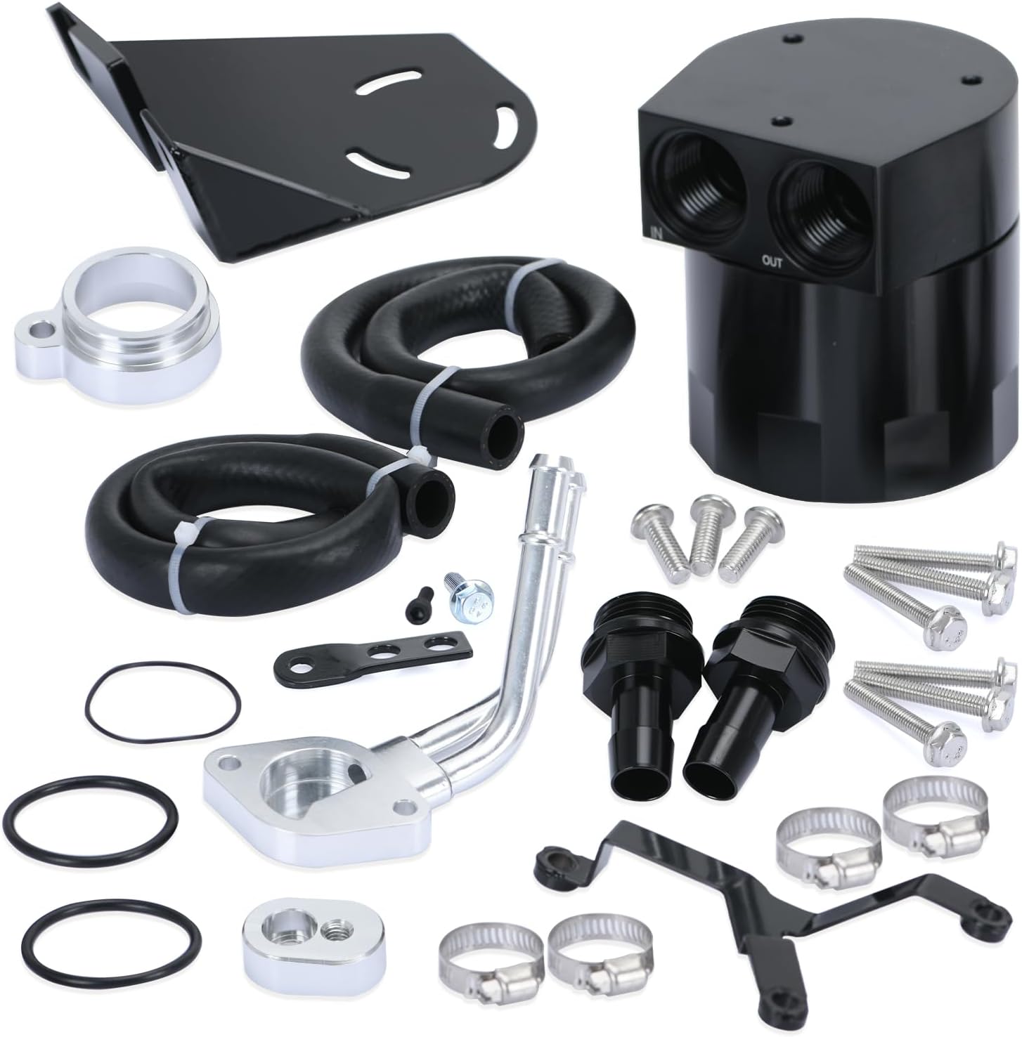 BRAND, CATEGORY, PQY, RESERVOIRS, Baffled Oil Catch Can Kit Oil Separator Tank with Hose and Bracket Compatible with Ford 2017-on F-250 F-350 F-450 6.7L Powerstroke