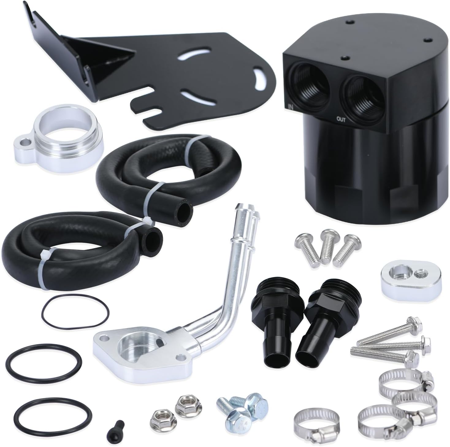 BRAND, CATEGORY, PQY, RESERVOIRS, Baffled Oil Catch Can Kit Oil Separator Tank with Hose and Bracket Compatible with Ford Powerstroke 6.7L 2011-2016