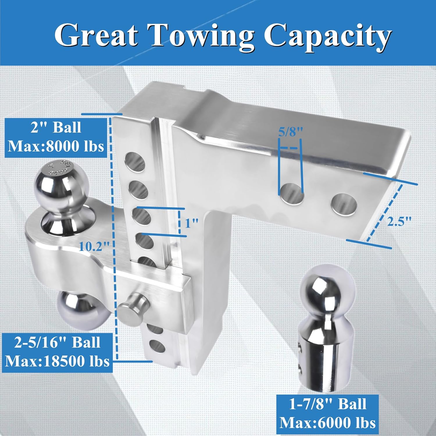 BALL MOUNTS, BRAND, CATEGORY, WEONEFIT, Black Adjustable Trailer Hitch Fits 2.5" Receiver | 8" Drop/Rise Heavy Duty Aluminum Drop Hitch | Tow Hitch 18500 LBS GTW | Tri-Ball (1-7/8" x 2" x 2-5/16") with Dual Pin Key Locks and a Wrench