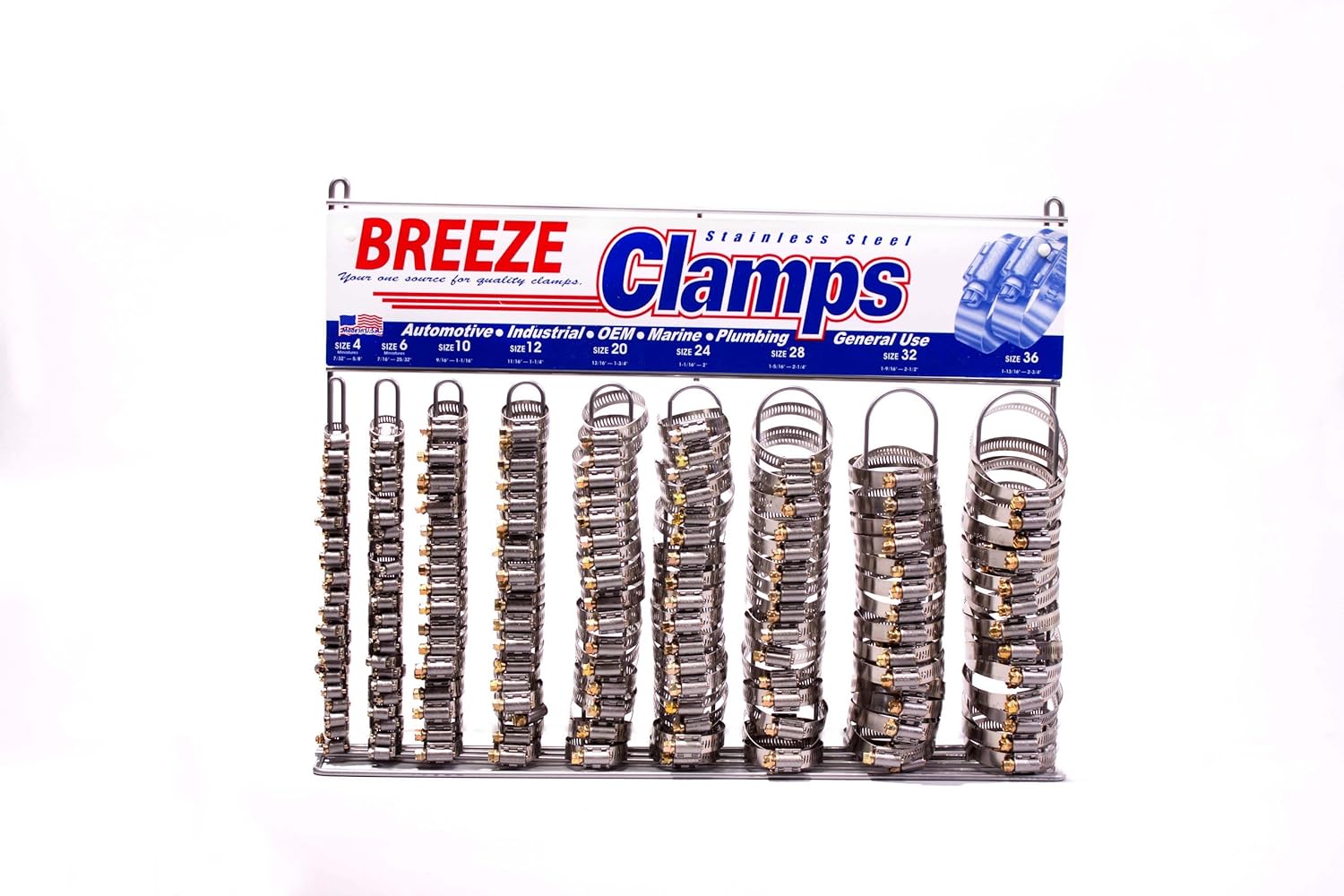 BRAND, BREEZE, CATEGORY, CLAMPS & SLEEVING, Breeze - 6210 ASSORTMENT Hose Clamp Display Assortment, Automotive Assortment, 1 assortment contains: 200 assorted Automotive Clamps, one 6200 Empty Rack