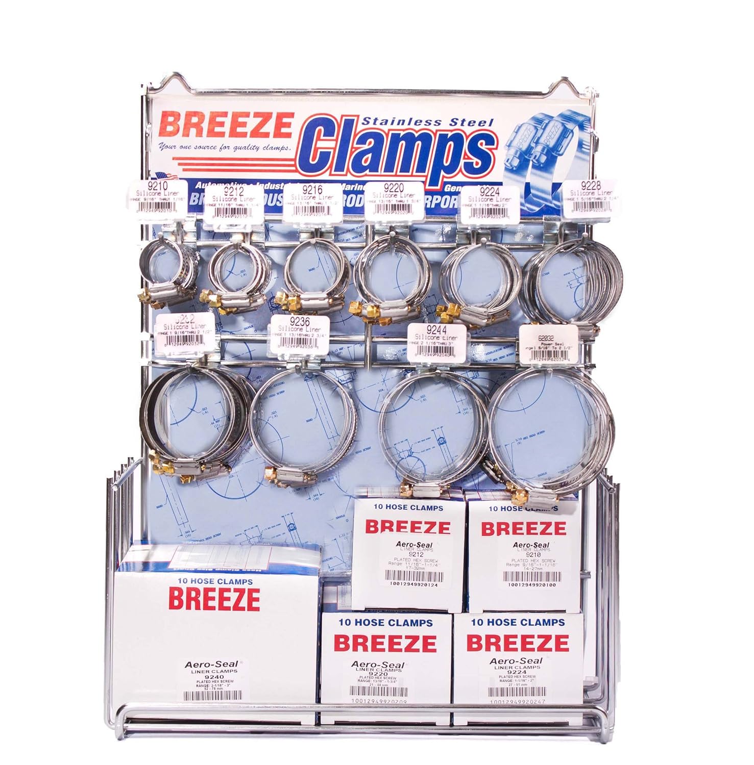 BRAND, BREEZE, CATEGORY, DISPLAY RACKS, Breeze - 9150 ASSORTMENT HD Hose Clamp Display Assortment, Liner Assortment, 1 Assortment Contains: 150 Assorted Liner Clamps, one 6100 Empty Rack HD