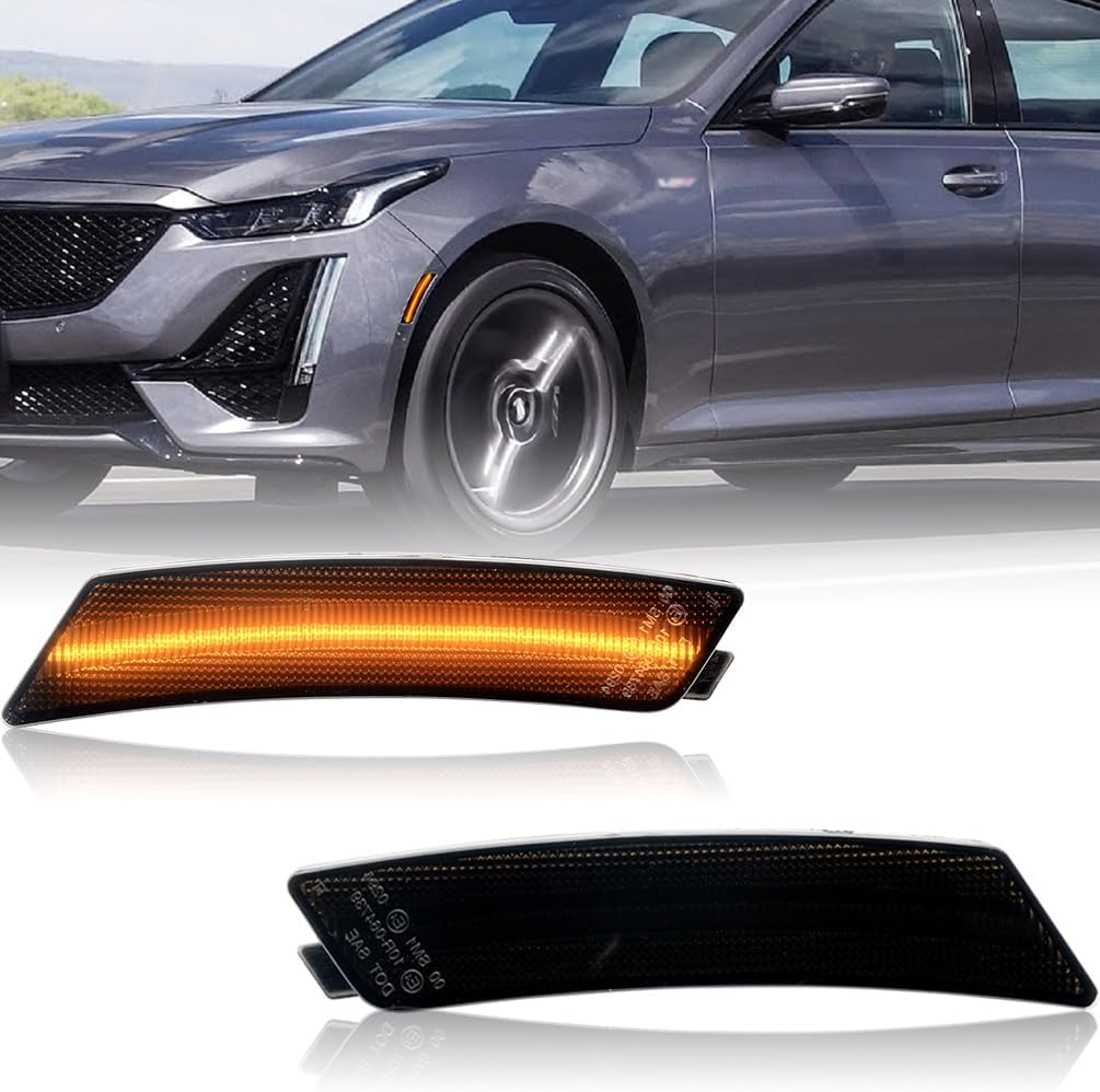 BRAND, CATEGORY, NJSBYL, SIDE MARKER ASSEMBLIES, CTS/ATS Amber LED Front Side Marker Lamps Replacement for 2014-2020 Cadillac CTS & 2015-2020 Cadillac ATS Smoked Lens LED Turn Singal Lights Kits Replace OEM Sidemarker Lamps