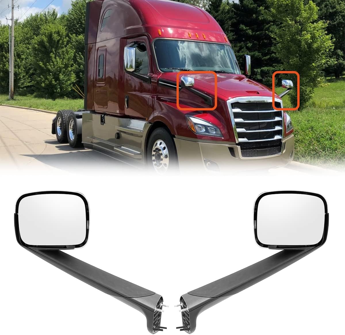 BRAND, CATEGORY, EXTERIOR MIRRORS, WANLLY, Chrome Hood Mirrors Assembly Fit for 2018-2020 Freightliner Cascadia Series Semi Trucks Driver and Passenger Side (Chrome,A Pair)