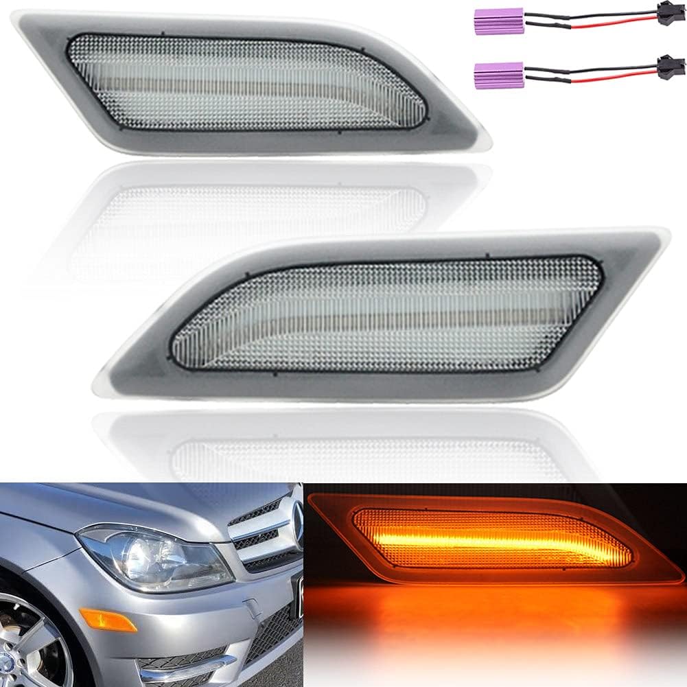 BRAND, CATEGORY, NJSBYL, SIDE MARKER ASSEMBLIES, Clear Lens Amber Yellow Full LED Front Side Marker Light Kit for 2012 2013 2014 Mercedes Benz Pre-LCI W204 LCI C250 C300 C350 C63 AMG Coupe Base Sedan 3-Door OEM Side Marker Lamps Replacement