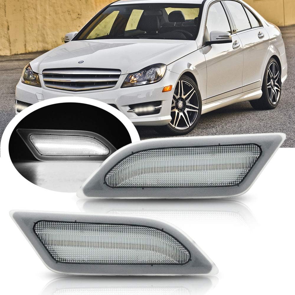 BRAND, CATEGORY, NJSBYL, SIDE MARKER ASSEMBLIES, Clear Lens White Full LED Front Side Marker Light Kit for 2012 2013 2014 Mercedes Benz Pre-LCI W204 LCI C250 C300 C350 C63 AMG Coupe Base Sedan 3-Door OEM Side Marker Lamps Replacement