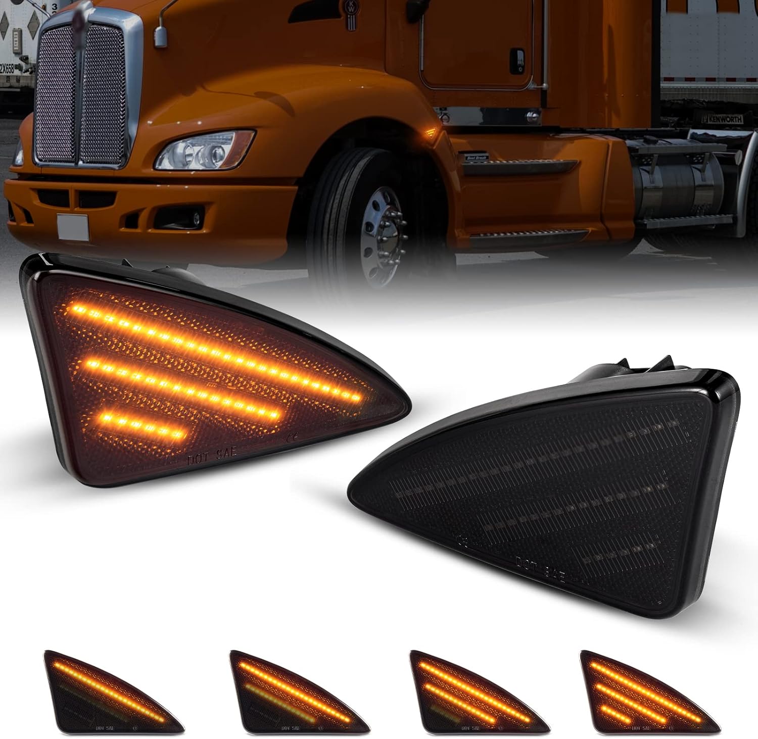 BRAND, CATEGORY, POPMOTORZ, SIDE MARKER ASSEMBLIES, Dynamic Sequential Fender LED Side Marker Light for 2008-2021 Kenworth T660 T170 T270 T370 Truck Amber Smoked Lens Fender Turn Signal Indicator Light Replace OEM Side Marker lamp 2PCS