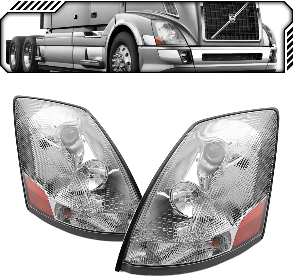 BRAND, CATEGORY, EPIC LIGHTING, HEADLIGHT ASSEMBLIES, EPIC LIGHTING AMXOE Replacement Chrome Bezel Headlights Assembly Compatible with Volvo Semi Truck Heavy Duty 2004-2018 VNL 04-18 VNM 04-15 VN [ 82329127 VO2503156 82329124 VO2502156 ] Pair