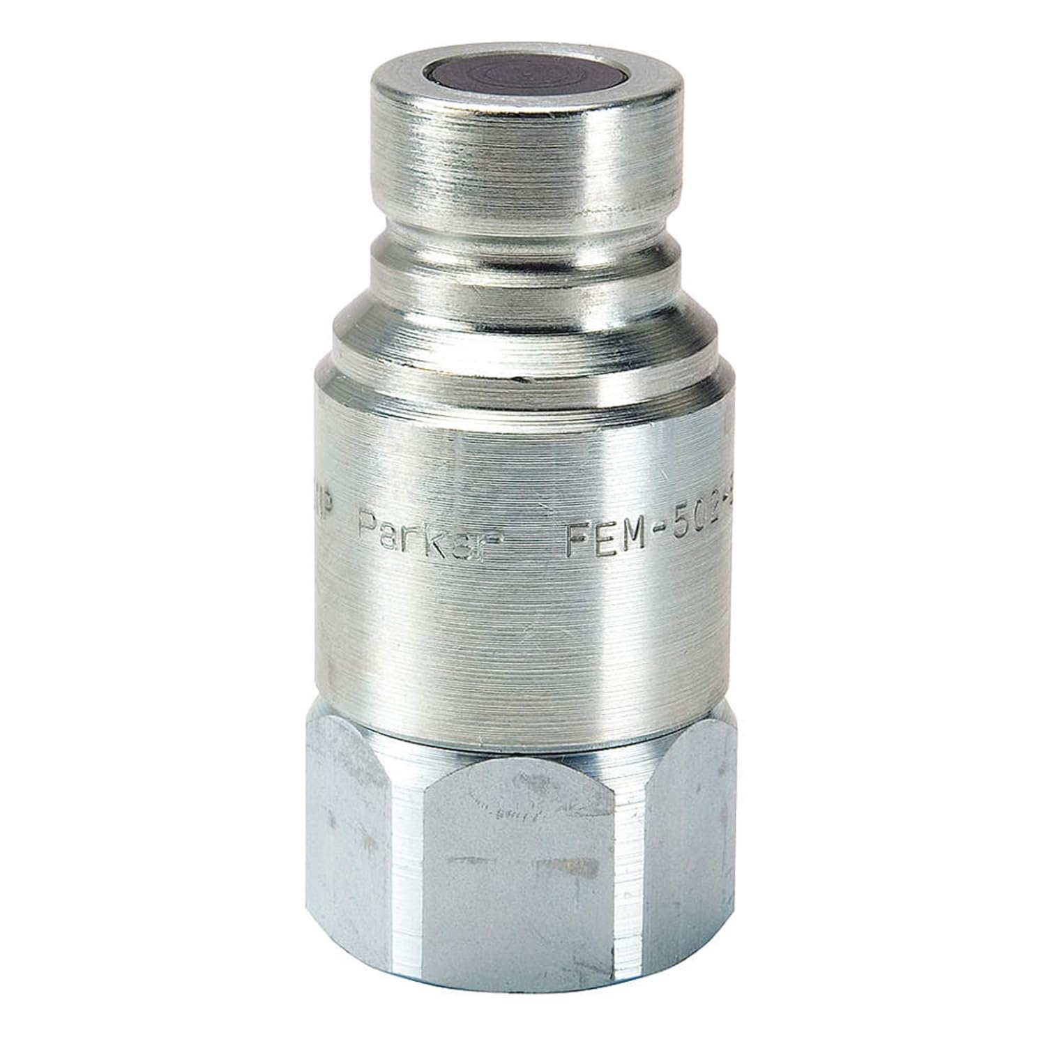 BRAND, CATEGORY, FITTINGS, PARKER HANNIFIN, FEM-502-10FO Series FEM Steel Non-Spill Flush Face Hydraulic Quick Nipple, Push-to-Connect, 1/2" Body Size, 7/8"-14 UNF Port End, 2.77" Length