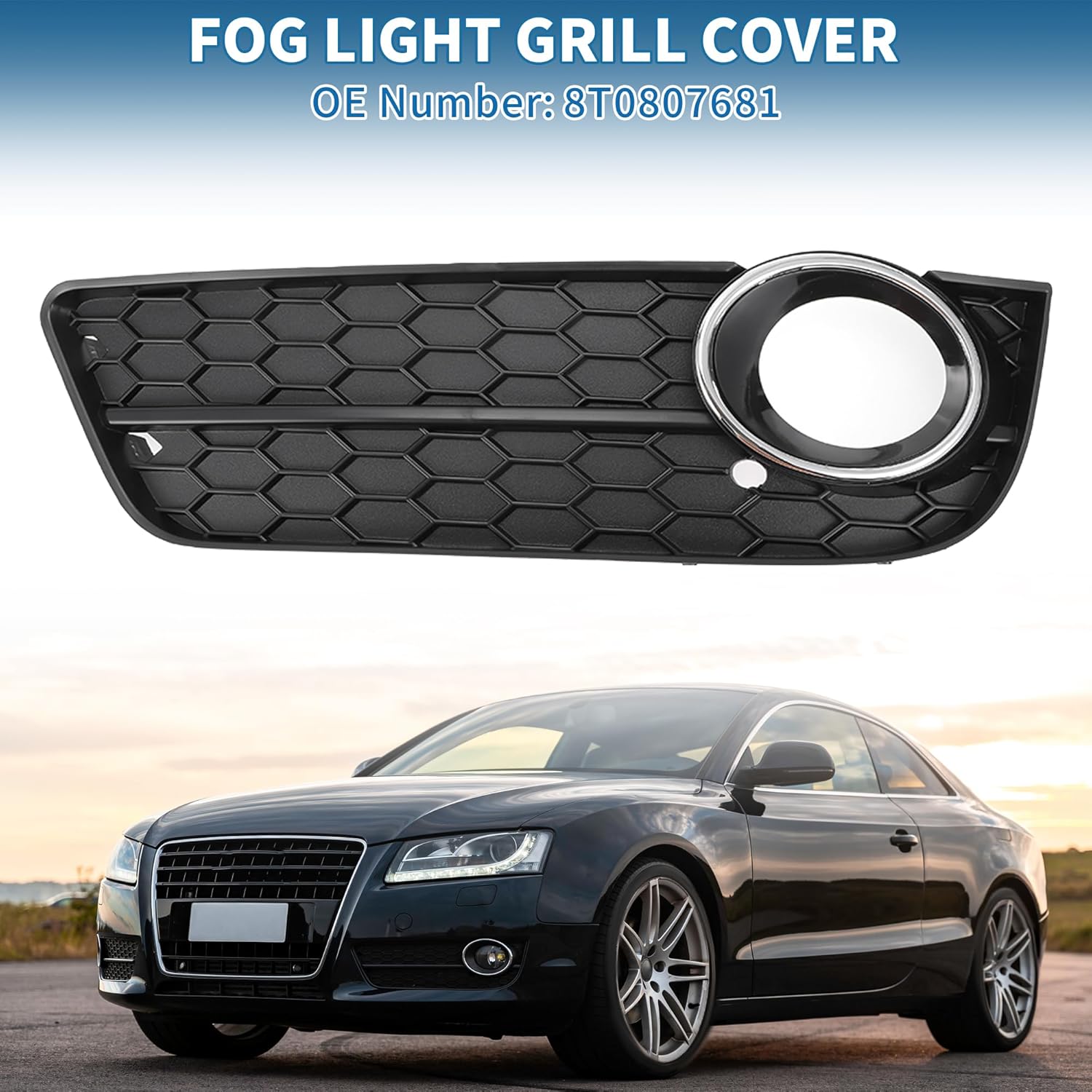 A ABSOPRO, BRAND, CATEGORY, GRILLES, Fog Light Grill No.8T0807681 19.37"x5.71" Front Lower Bumper Fog Light Cover Inserts for Audi A5 2008-2012 ABS Black Silver Tone